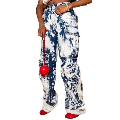 Washed tie-dye high-waist jeans with cargo pockets FLIPSTYLEZLLC on Tampa Home & Garden Store