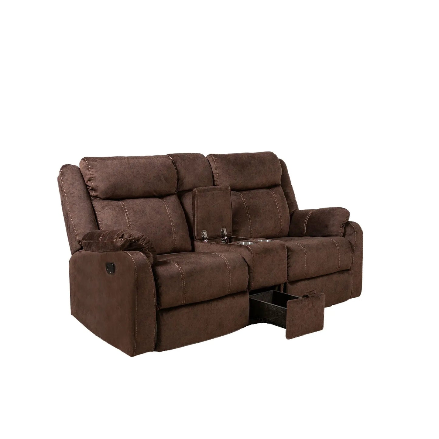 Sonet Domino reclining loveseat in brown suede fabric with center console and cupholders on Tampa Home & Garden Store
