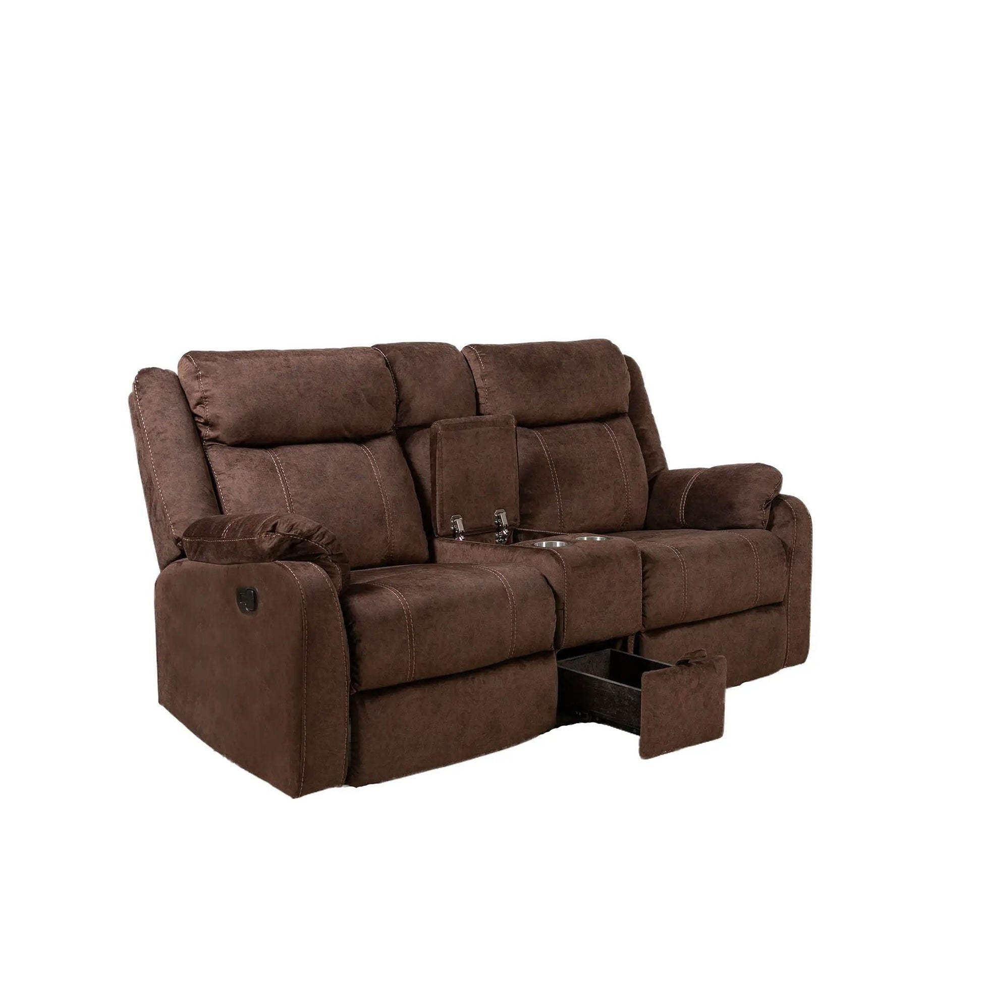 Sonet Domino reclining loveseat in brown suede fabric with center console and cupholders on Tampa Home & Garden Store