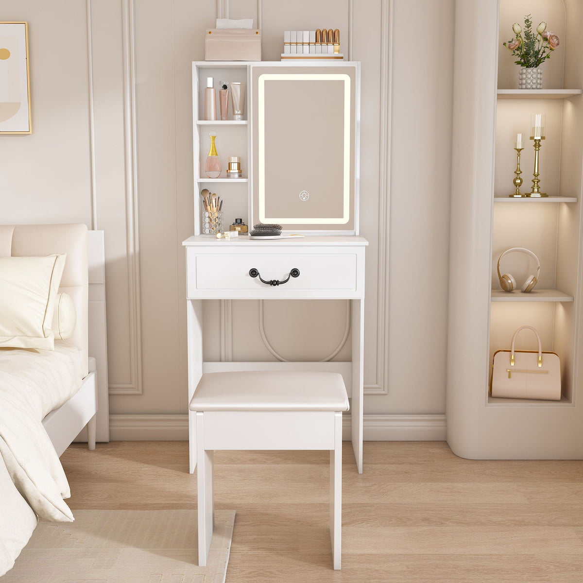 White modern mini dressing table with LED-lit mirror and hidden storage, HouseOfZazla vanity set on Tampa Home & Garden Store