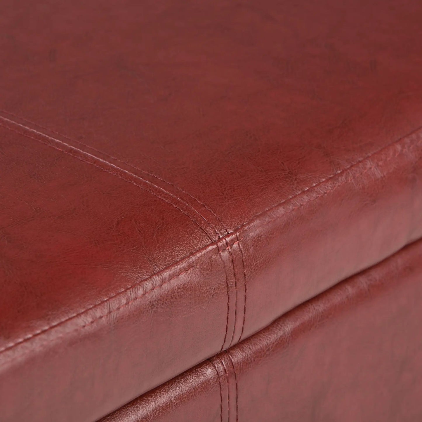 Avalon Multifunctional Storage Ottoman Bench red leather upholstery with visible stitching on Tampa Home & Garden Store
