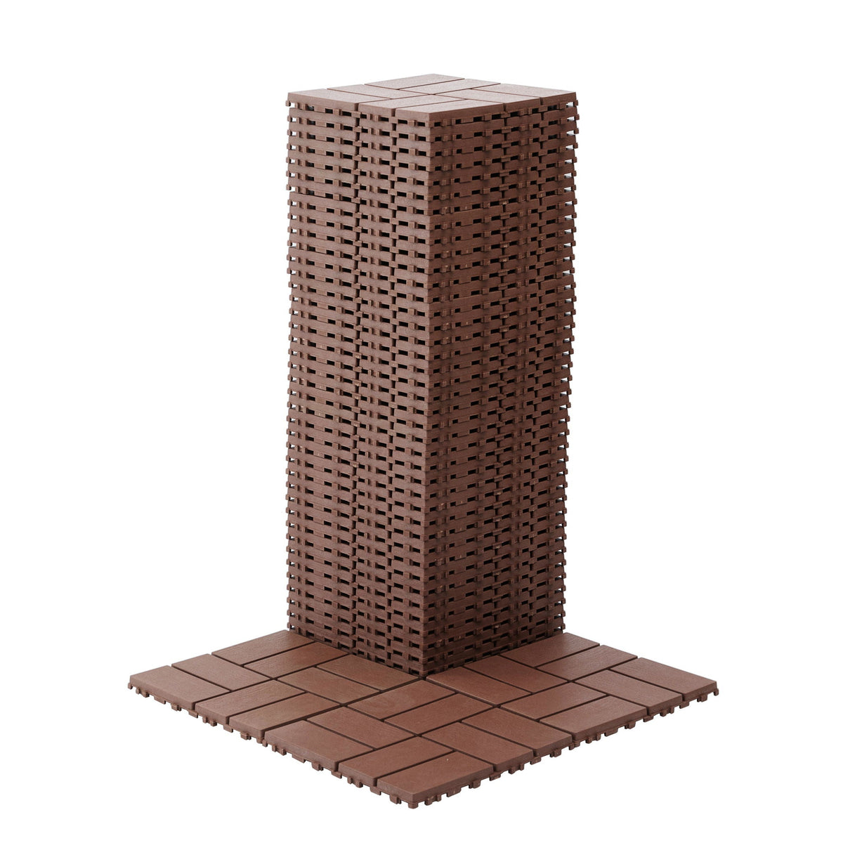 Interlocking deck tiles 44-pack in dark brown, stacked with grid-pattern surface and interlocking edges on Tampa Home & Garden Store