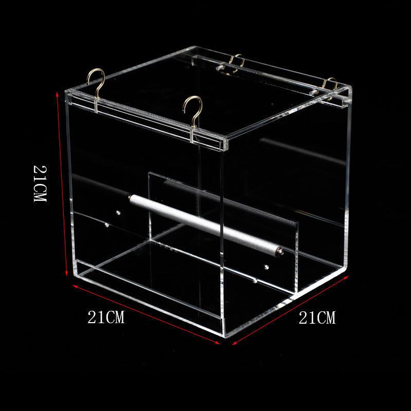 Clear acrylic bird feeder cube with top hanging hooks, 21cm square sides, Sell My Stuff brand on Tampa Home & Garden Store