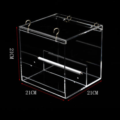 Clear acrylic bird feeder cube with top hanging hooks, 21cm square sides, Sell My Stuff brand on Tampa Home & Garden Store