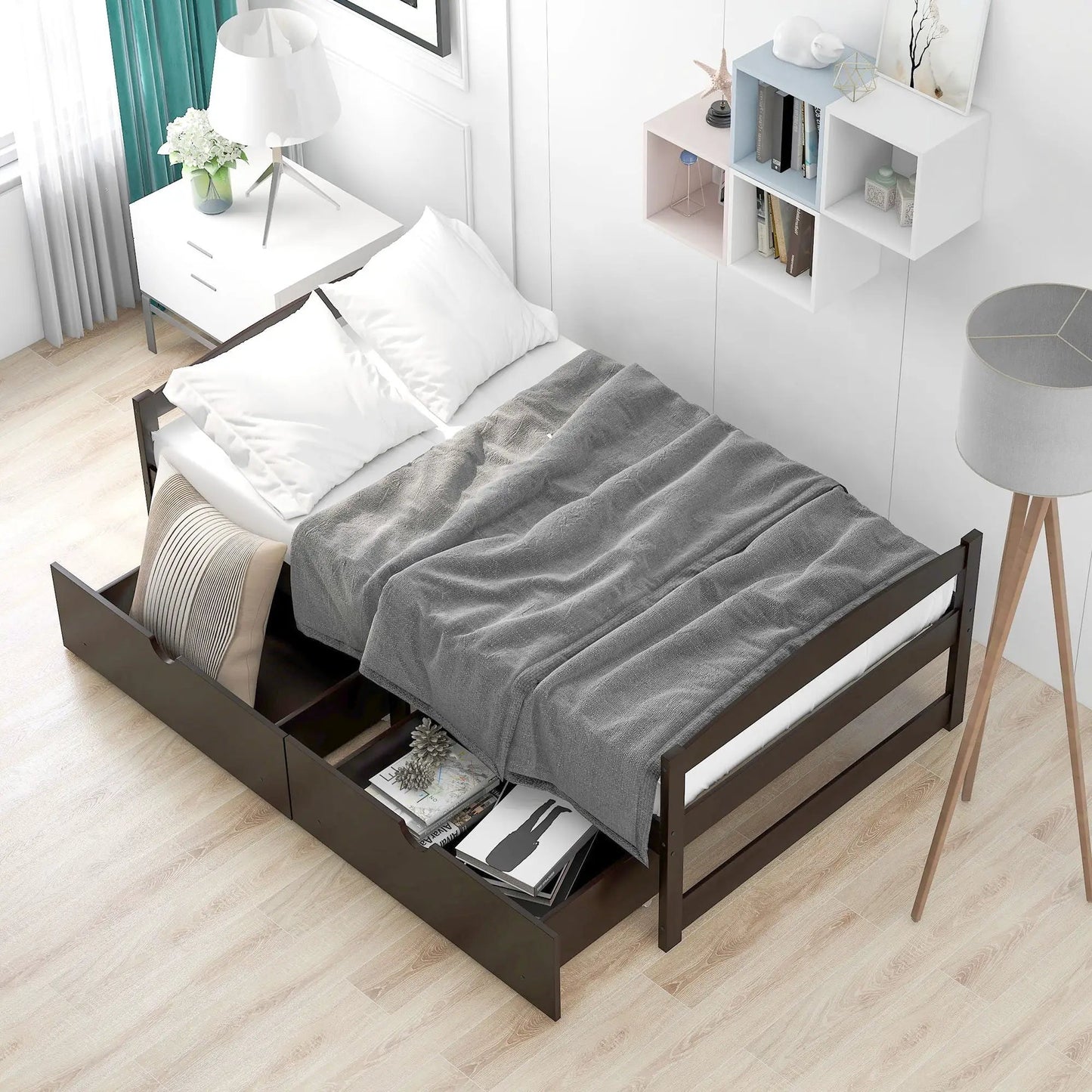 Platform bed with 2 under-bed drawers in dark espresso finish, storage bed by Unique Piece Furniture on Tampa Home & Garden Store