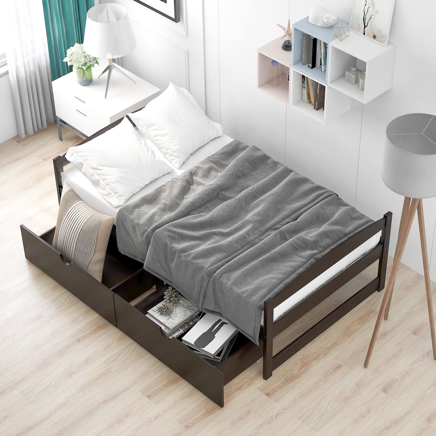 Platform bed with 2 drawers in dark wood finish by HouseOfZazla with gray bedding on Tampa Home & Garden Store