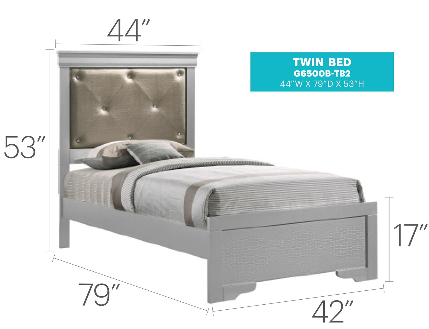 Lorana Jewel Tufted Bed Frame and Silver Finish