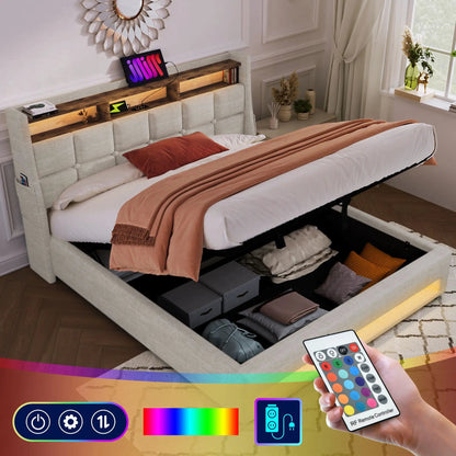 Upholstered Platform Bed With Storage USB LED