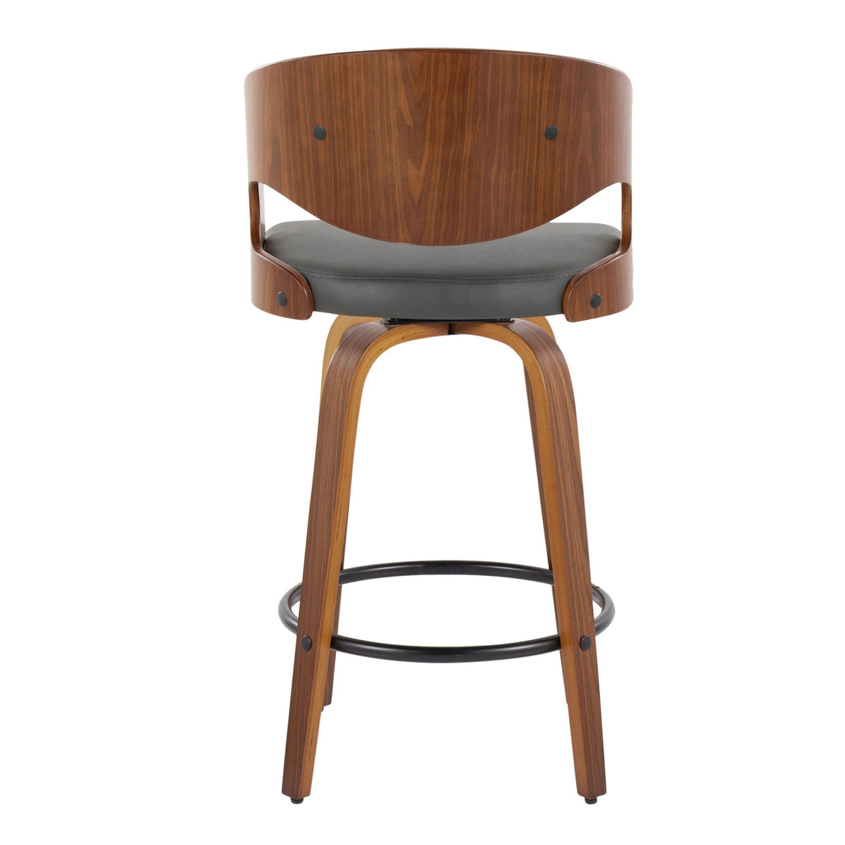 Pino mid-century modern fixed-height barstool with swivel, set of 2, walnut wood, gray cushioned seat on Tampa Home & Garden Store