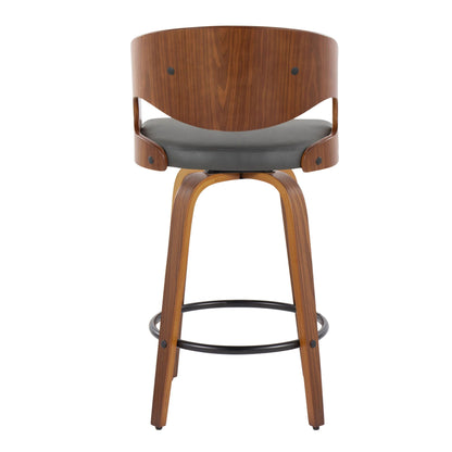 Pino mid-century modern fixed-height barstool with swivel, set of 2, walnut wood, gray cushioned seat on Tampa Home & Garden Store