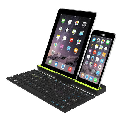 Outdoor Office Chocolate Portable Folding Keyboard with lime-green tray holding tablet and phone on Tampa Home & Garden Store