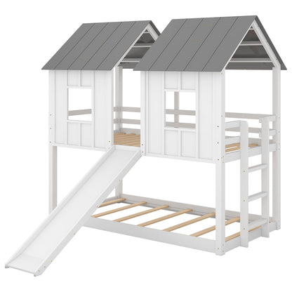 HouseOfZazla twin over twin house bunk bed with gray roof, white frame, slide and windows on Tampa Home & Garden Store