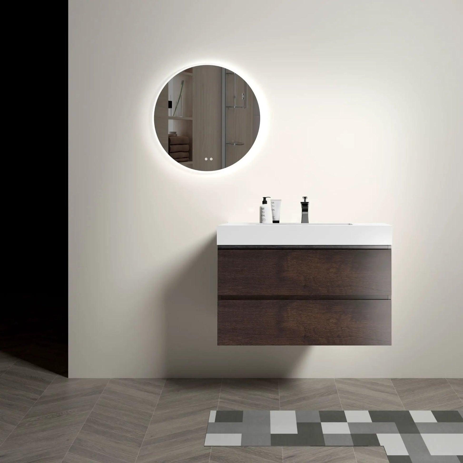 Alice wall-mounted bathroom vanity with white top and dark wood base, round backlit mirror on Tampa Home & Garden Store