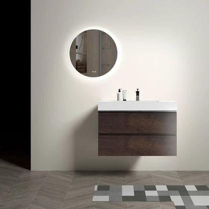 Alice wall-mounted bathroom vanity with white top and dark wood base, round backlit mirror on Tampa Home & Garden Store
