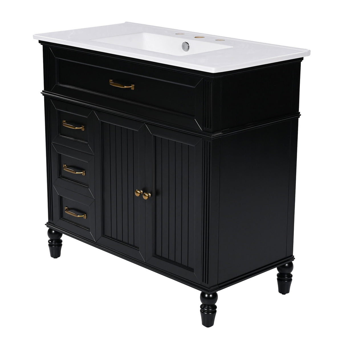 Bathroom vanity with sink and drawers, black solid wood cabinet, white top, brass hardware on Tampa Home & Garden Store