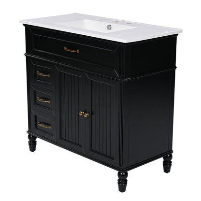 Bathroom vanity with sink and drawers, black solid wood cabinet, white top, brass hardware on Tampa Home & Garden Store