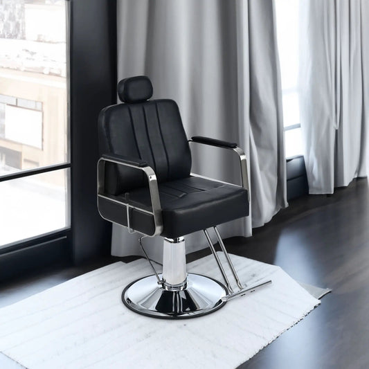 Reclining barber chair with 360-degree rotation, black leather upholstery, chrome base on Tampa Home & Garden Store