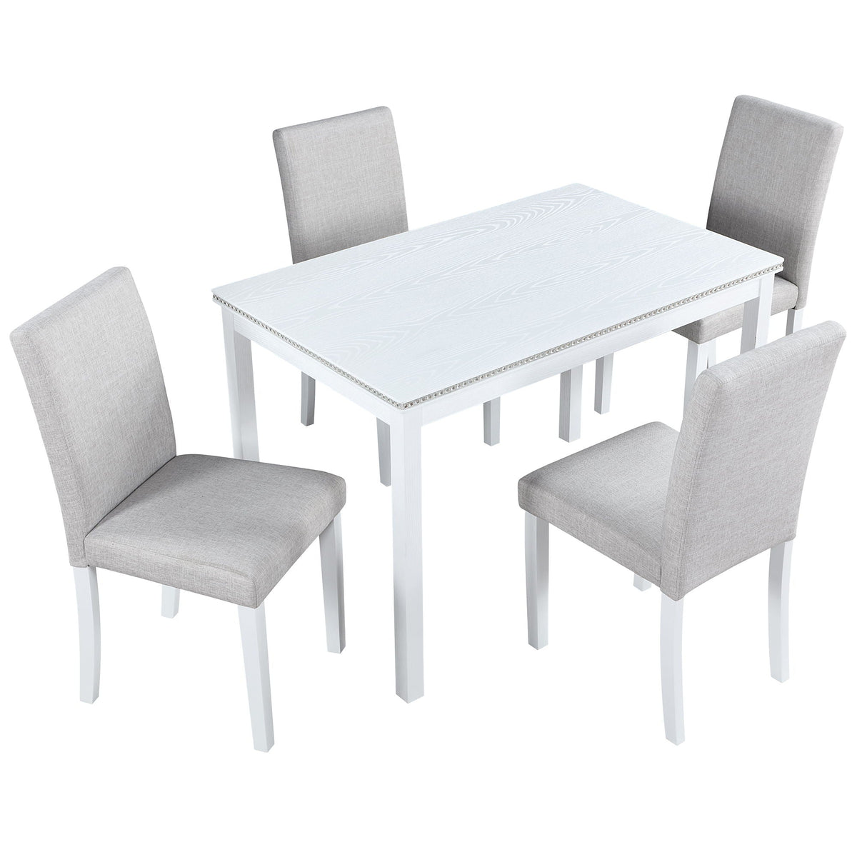 5 Piece Dining Room Set with crystal edge trim, white top table and gray upholstered chairs on Tampa Home & Garden Store