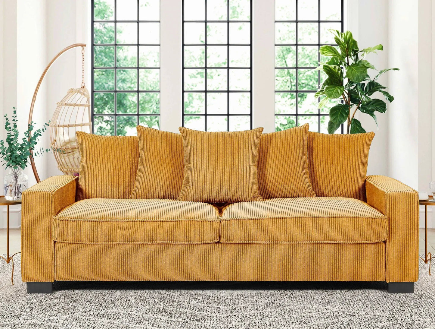 Luxe 3-seater sofa in mustard corduroy with five matching toss pillows, stationary, Unique Piece Furniture on Tampa Home & Garden Store