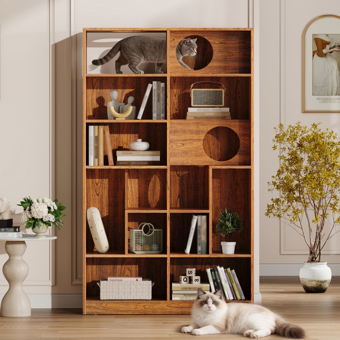 HouseOfZazla Modern 2 in 1 Wood Bookshelf Cat House in warm brown wood with circular tunnel on Tampa Home & Garden Store