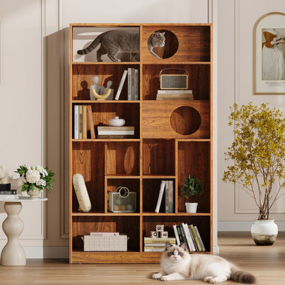 HouseOfZazla Modern 2 in 1 Wood Bookshelf Cat House in warm brown wood with circular tunnel on Tampa Home & Garden Store