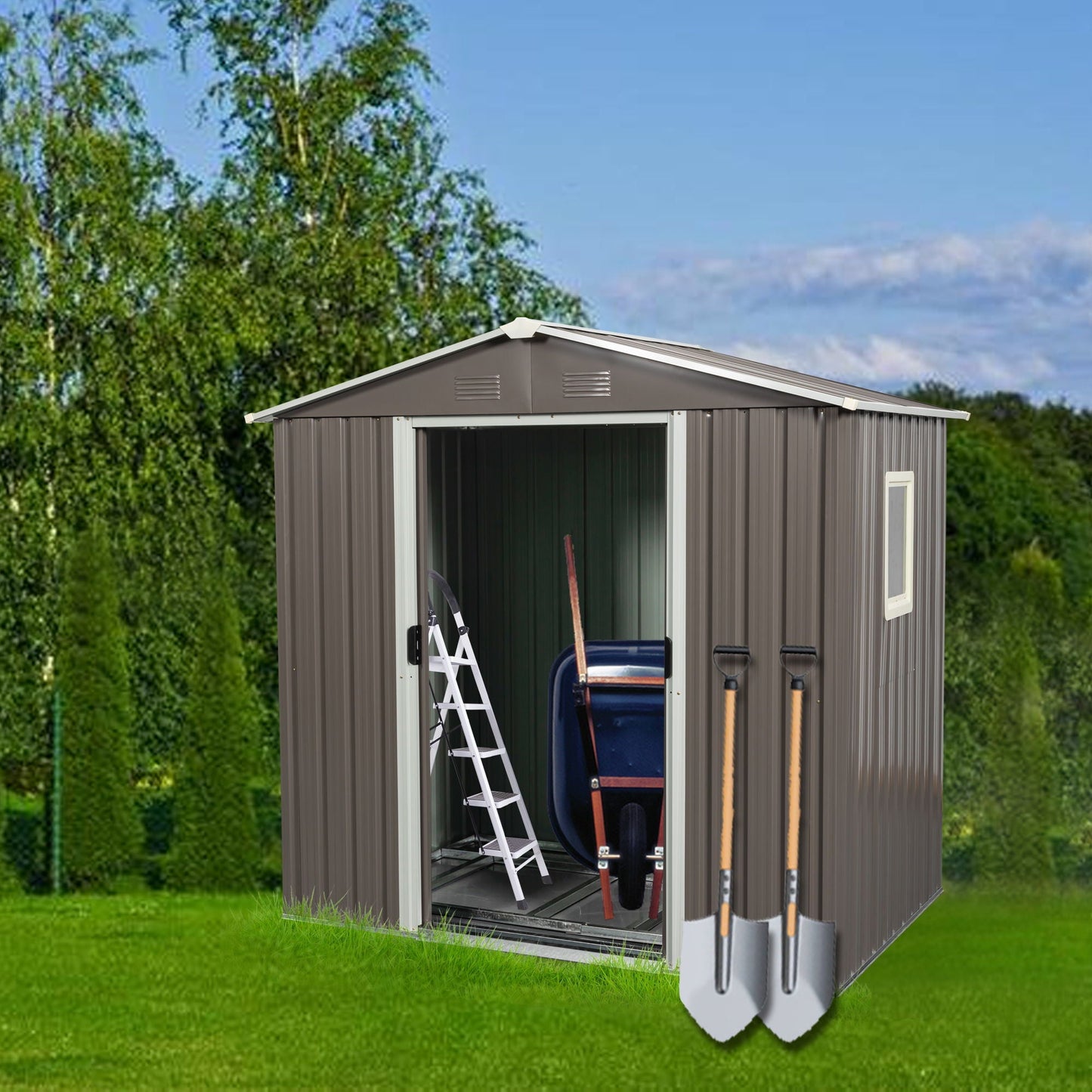 Metal Shed With A Sliding Door And Glass Window