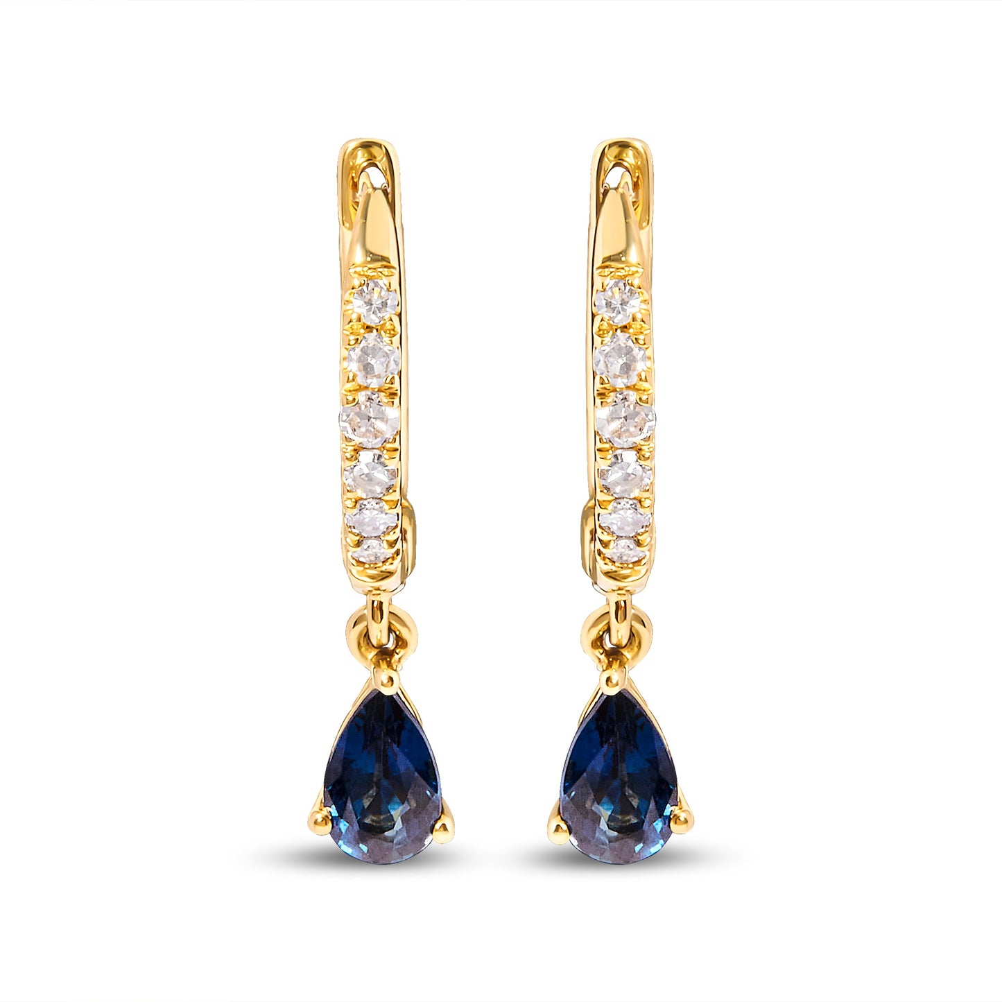 10K yellow gold huggy hoop earrings with pavé diamonds and blue pear sapphire drops (2 pcs) on Tampa Home & Garden Store