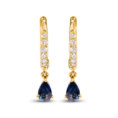 10K yellow gold huggy hoop earrings with pavé diamonds and blue pear sapphire drops (2 pcs) on Tampa Home & Garden Store