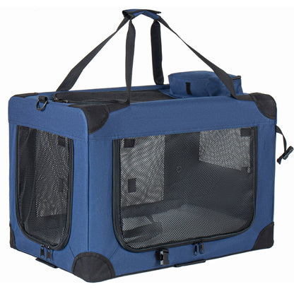 HouseOfZazla 40'' soft dog crate kennel with 3 doors, blue fabric, mesh panels, fleece mat on Tampa Home & Garden Store