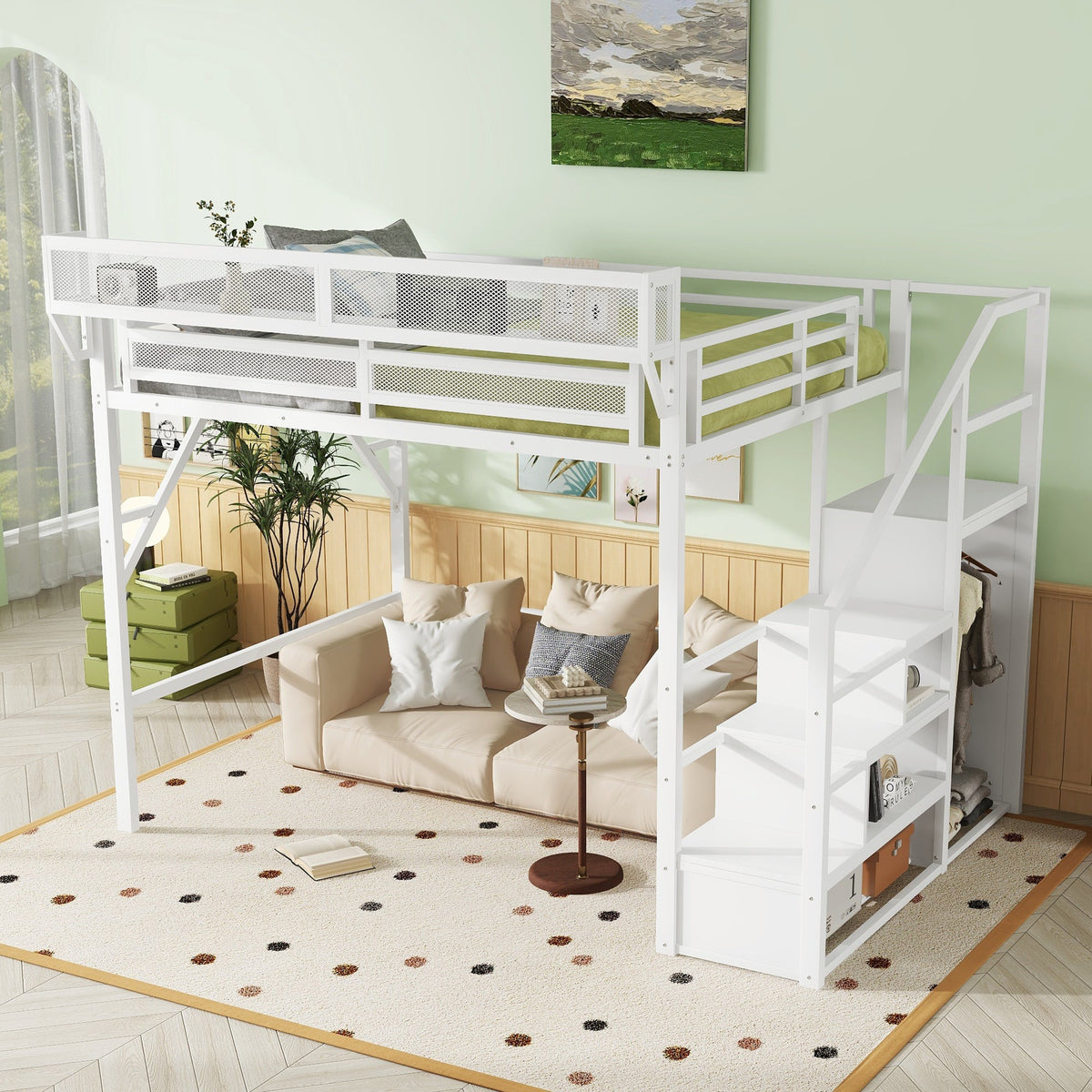 Queen size loft bed with stairs in white metal frame and storage shelves HouseOfZazla on Tampa Home & Garden Store