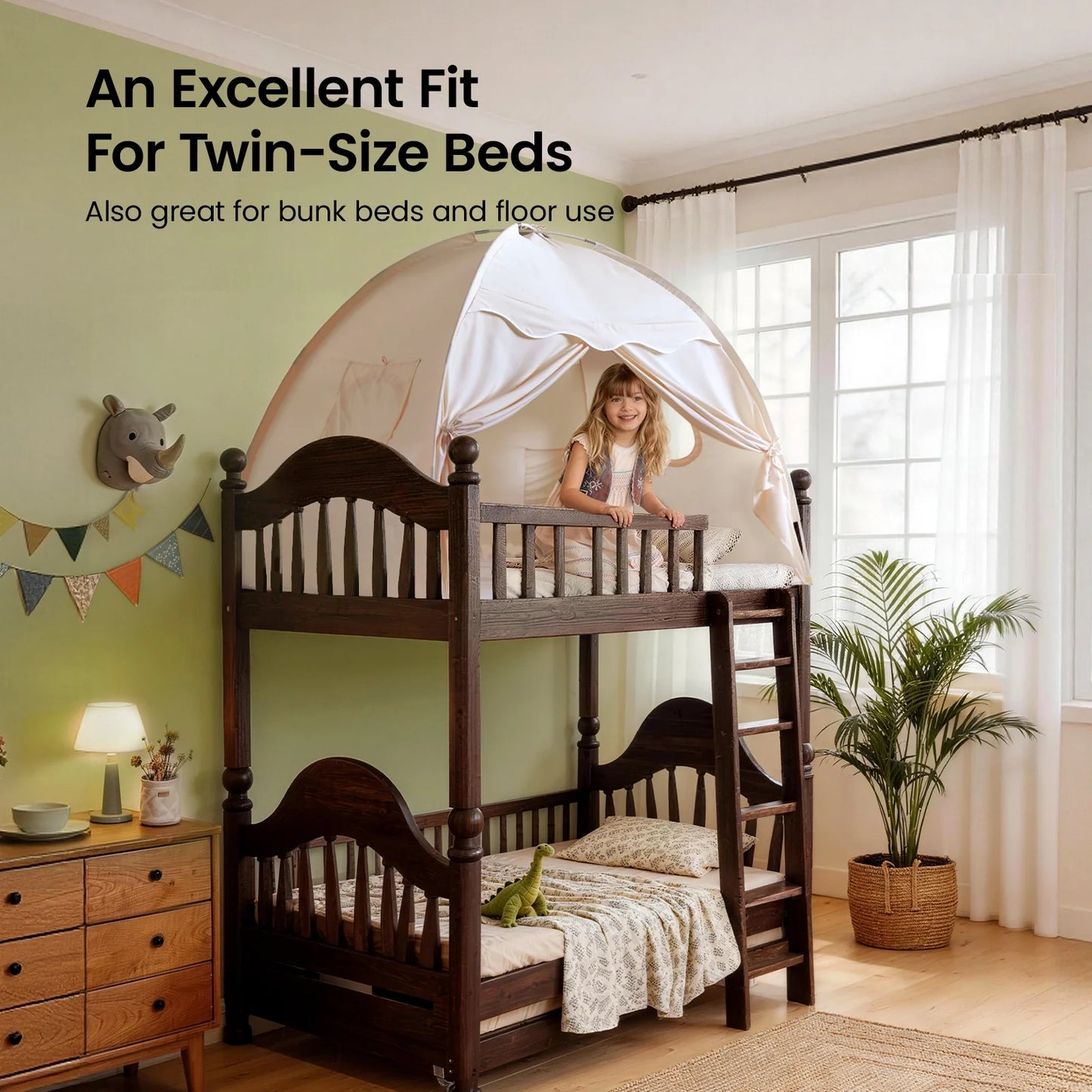 Tiny Land Versatile Kids Bed Tent in cream fabric on bunk bed with child on Tampa Home & Garden Store
