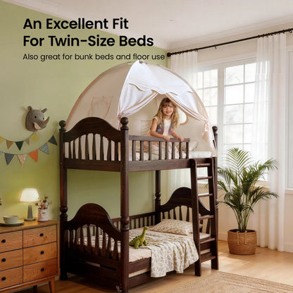 Tiny Land Versatile Kids Bed Tent in cream fabric on bunk bed with child on Tampa Home & Garden Store