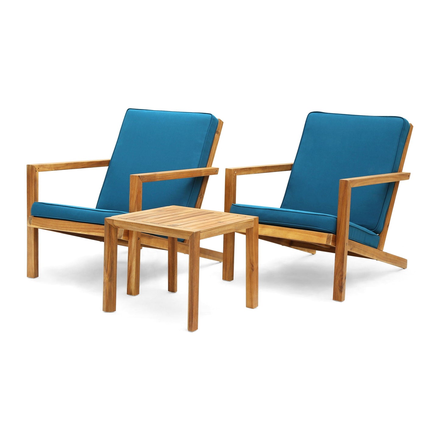 Celestaria 3-Piece Chat Set with Chairs blue cushions on wood frames (2 chairs, 1 table) on Tampa Home & Garden Store