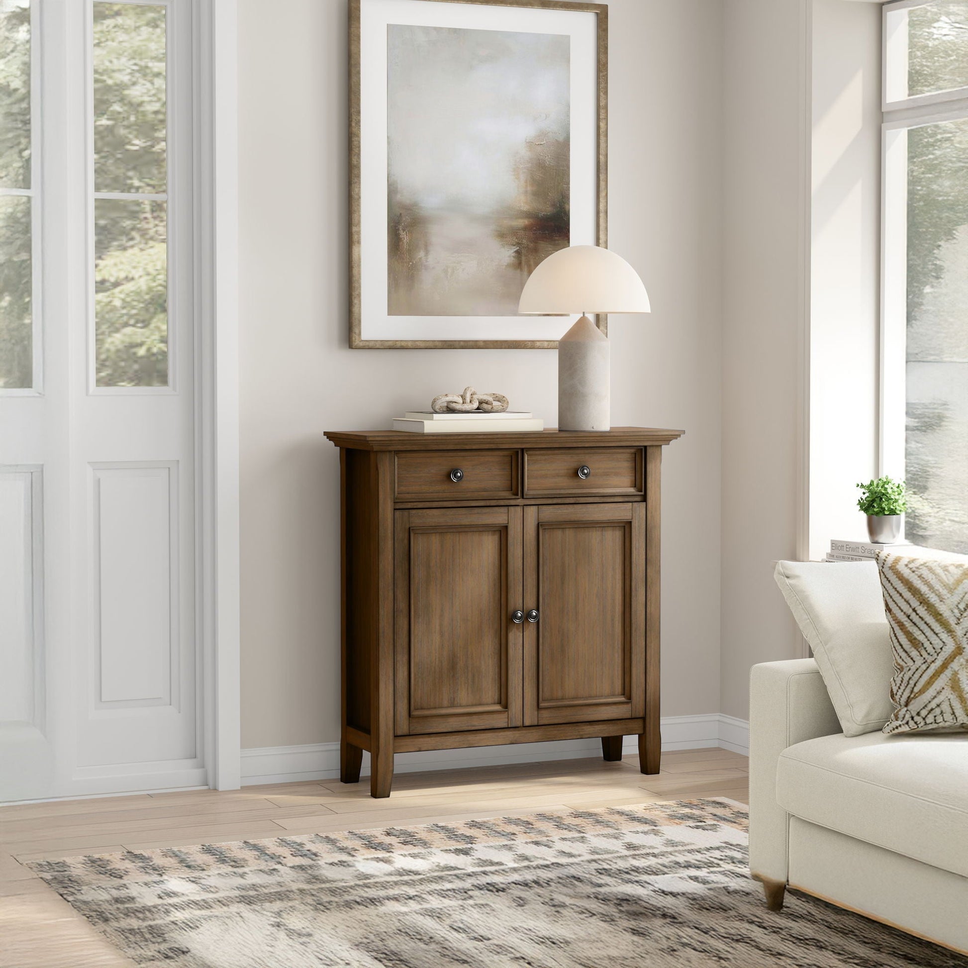 Amherst storage cabinet in dark wood with two top drawers and two panel doors on Tampa Home & Garden Store