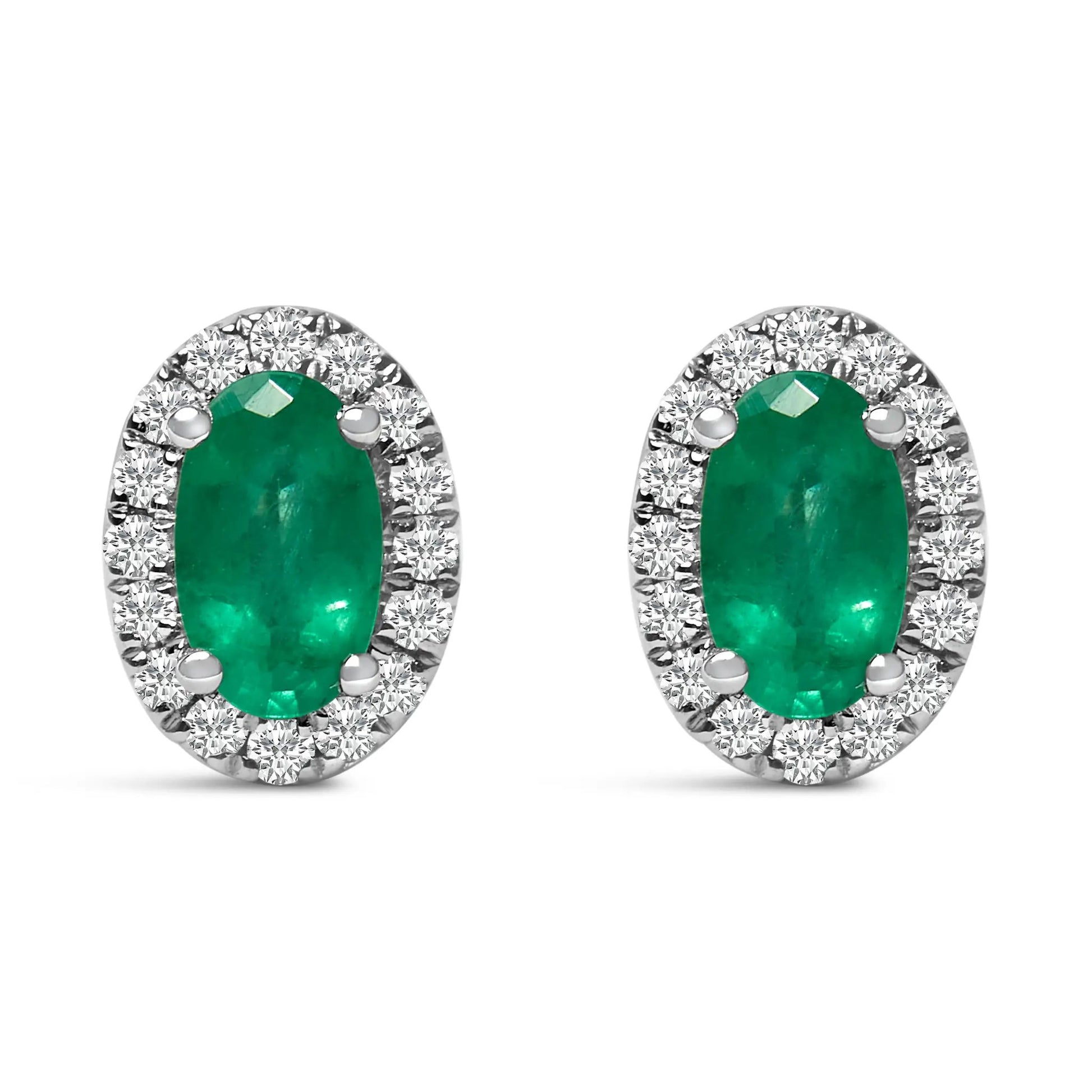 Emerald oval halo stud earrings in 10K white gold with diamond halo, pair on Tampa Home & Garden Store