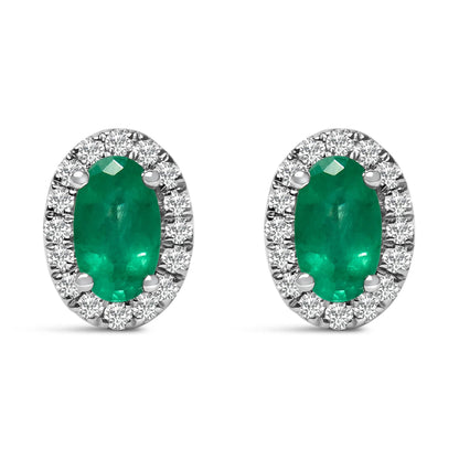 Emerald oval halo stud earrings in 10K white gold with diamond halo, pair on Tampa Home & Garden Store