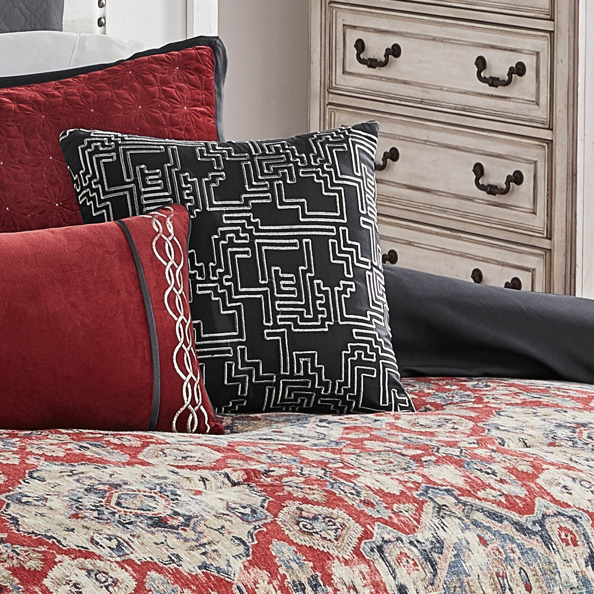 Sadler 9-Pc Burgundy-Blue Medallion Comforter Ensemble quilted with black-white geometric pillow on Tampa Home & Garden Store