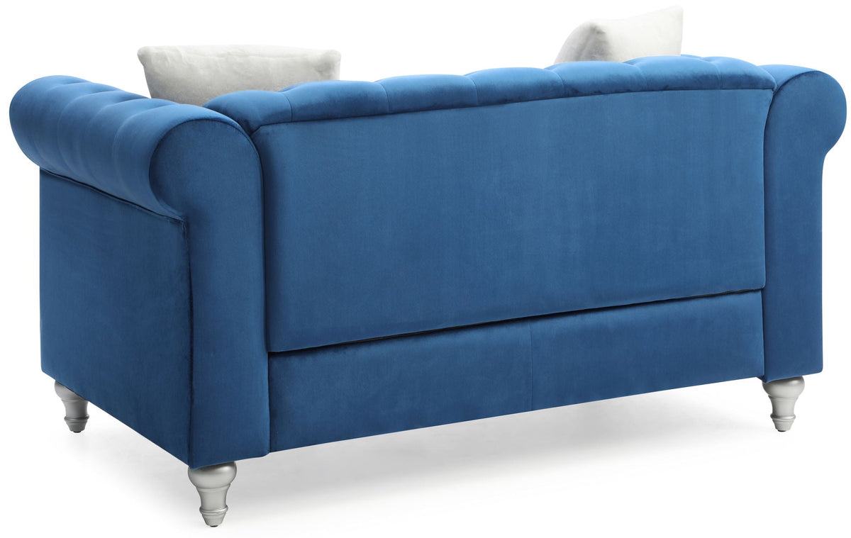 Contemporary Loveseat with Jeweled Tufted Design by HouseOfZazla in blue velvet, stationary on Tampa Home & Garden Store