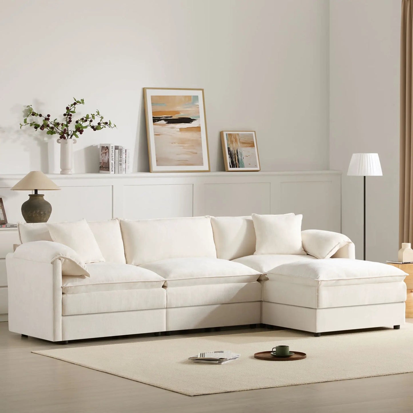 Modular sectional sofa with deep, wide seats in beige fabric; 2-piece cloud couch set on Tampa Home & Garden Store