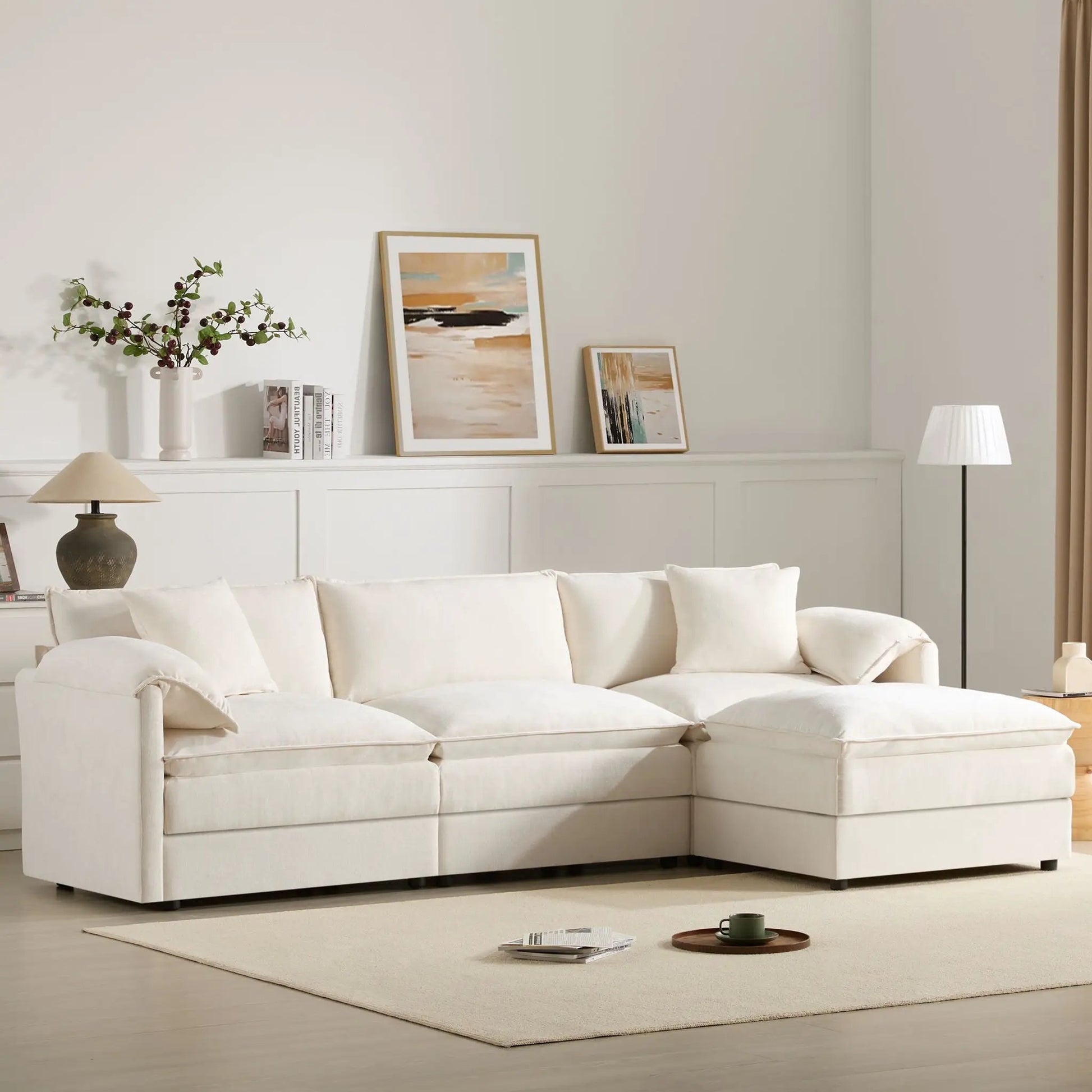 Modular sectional sofa with deep, wide seats in beige fabric; 2-piece cloud couch set on Tampa Home & Garden Store