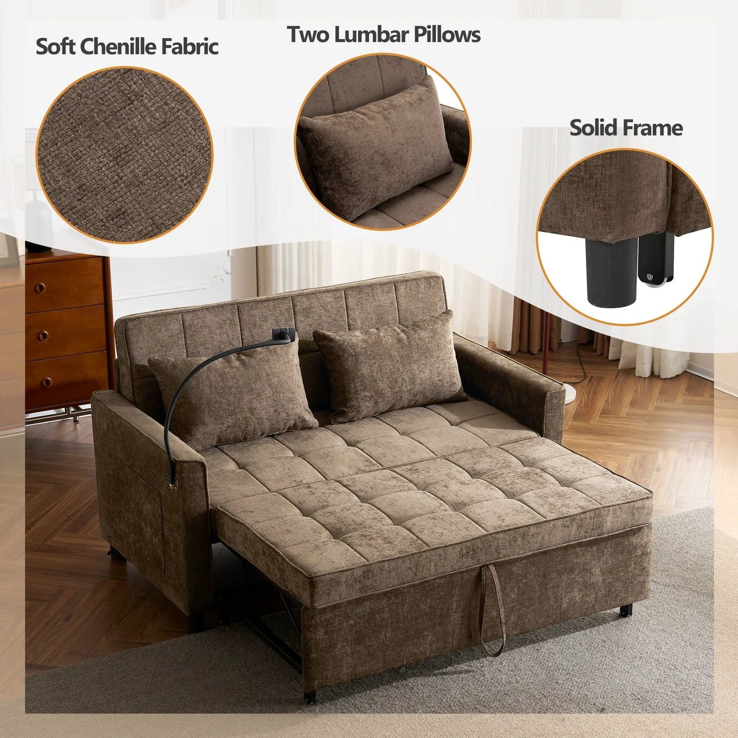 Pull-out sleeper sofa in brown chenille fabric with tufted cushions and metal legs on Tampa Home & Garden Store