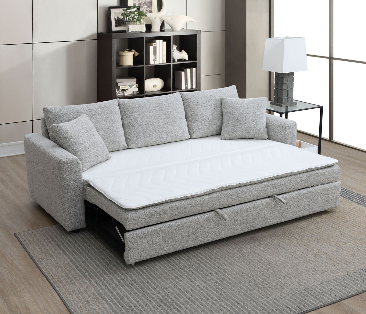 Connie Boucle Sleeper Sectional Sofa beige with 2 toss pillows by HouseOfZazla on Tampa Home & Garden Store