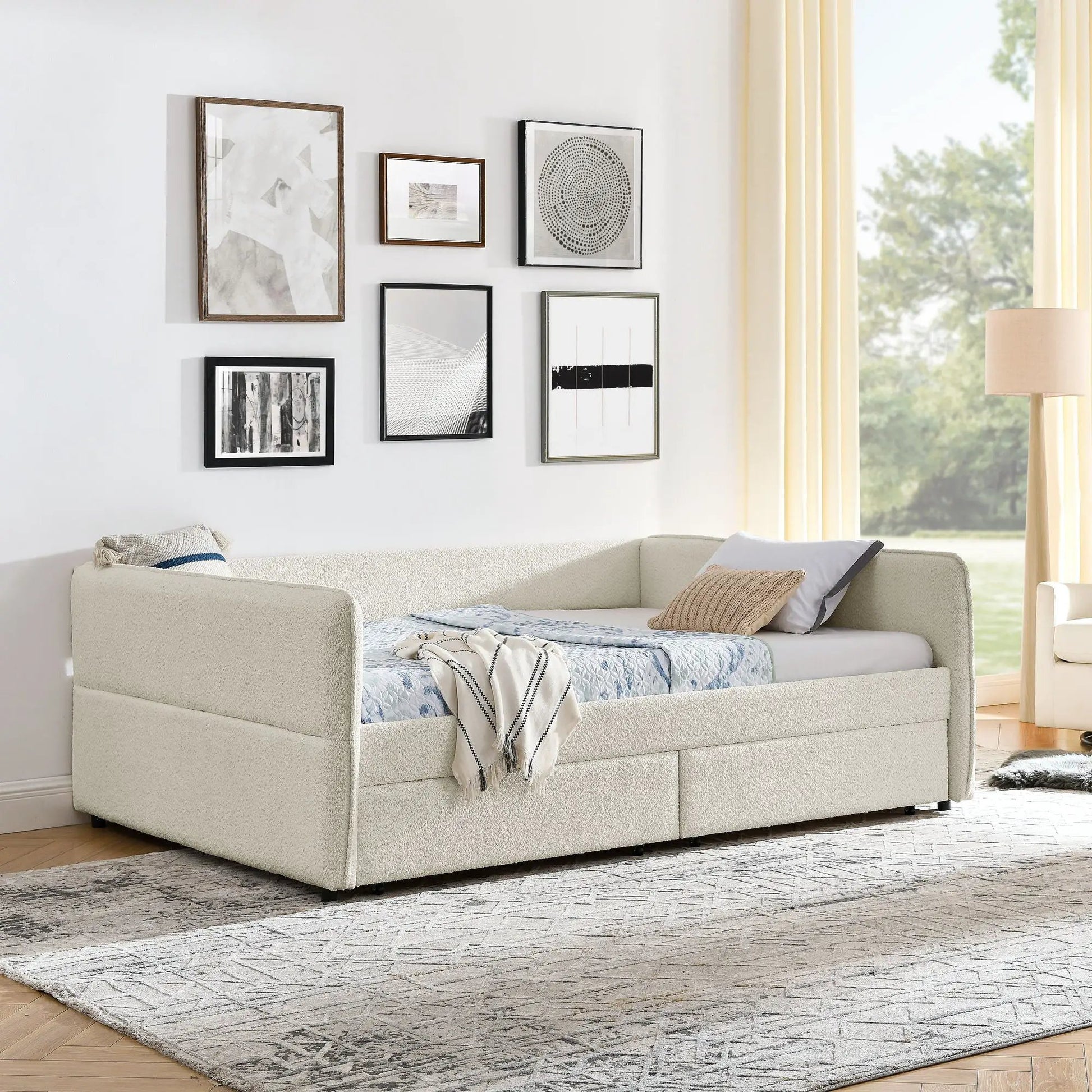 Upholstered daybed with 2 drawers in light beige fabric, storage bed by Unique Piece Furniture on Tampa Home & Garden Store