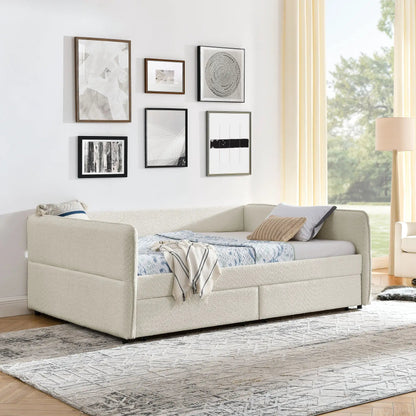 Upholstered daybed with 2 drawers in light beige fabric, storage bed by Unique Piece Furniture on Tampa Home & Garden Store