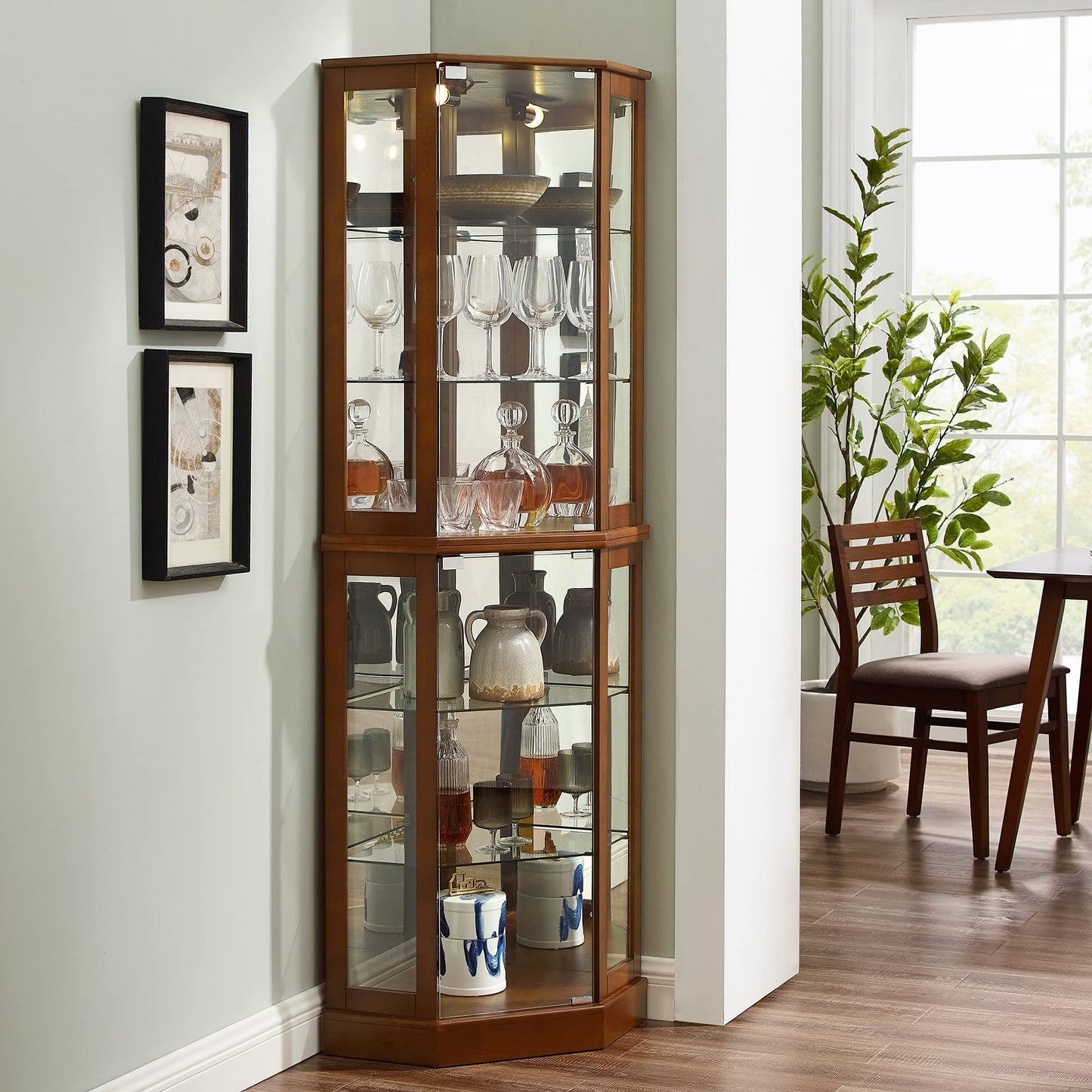 Wood finish corner curio cabinet with glass doors, mirrored interior and adjustable shelves HouseOfZazla on Tampa Home & Garden Store
