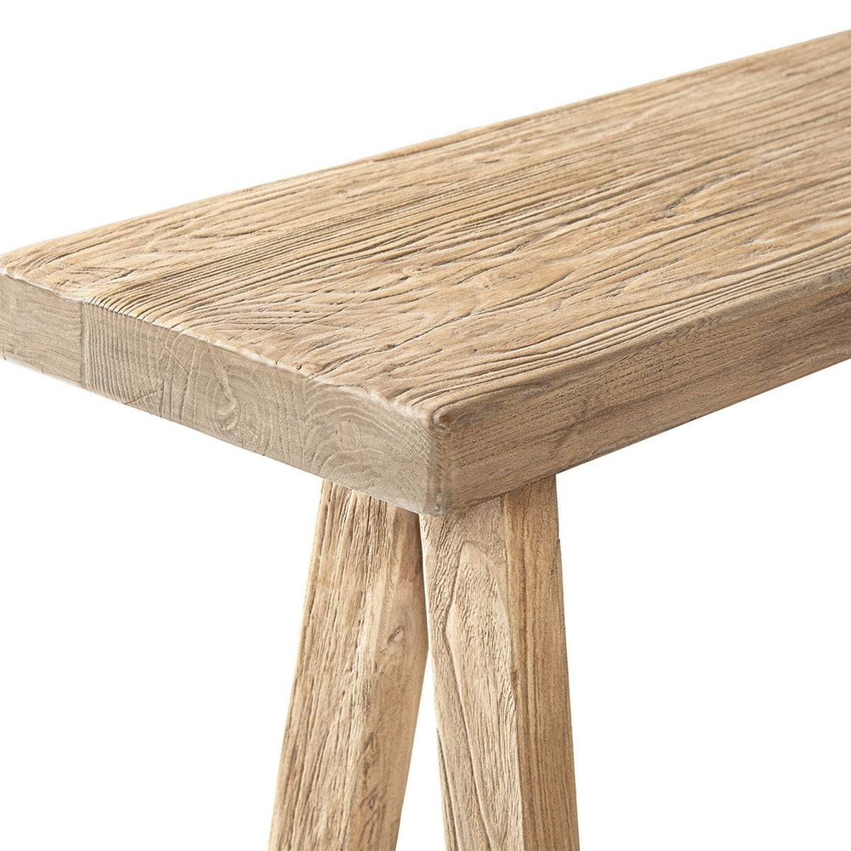 Trestle coffee table with solid reclaimed elm top in light brown finish on Tampa Home & Garden Store