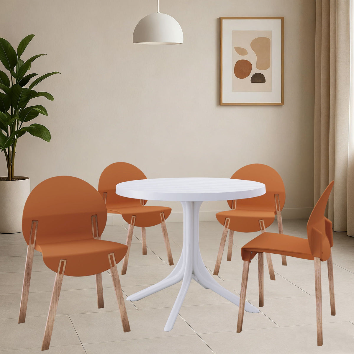 Traditional 4 Piece Outdoor Chair Set with Round Table in orange chairs and white table on Tampa Home & Garden Store