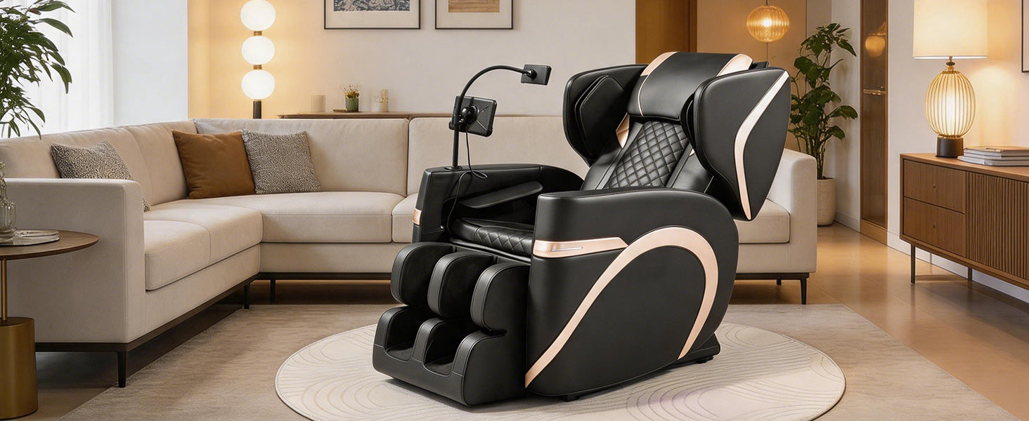 2026 Massage Chair Recliner by HouseOfZazla, black with rose-gold trim, zero gravity on Tampa Home & Garden Store
