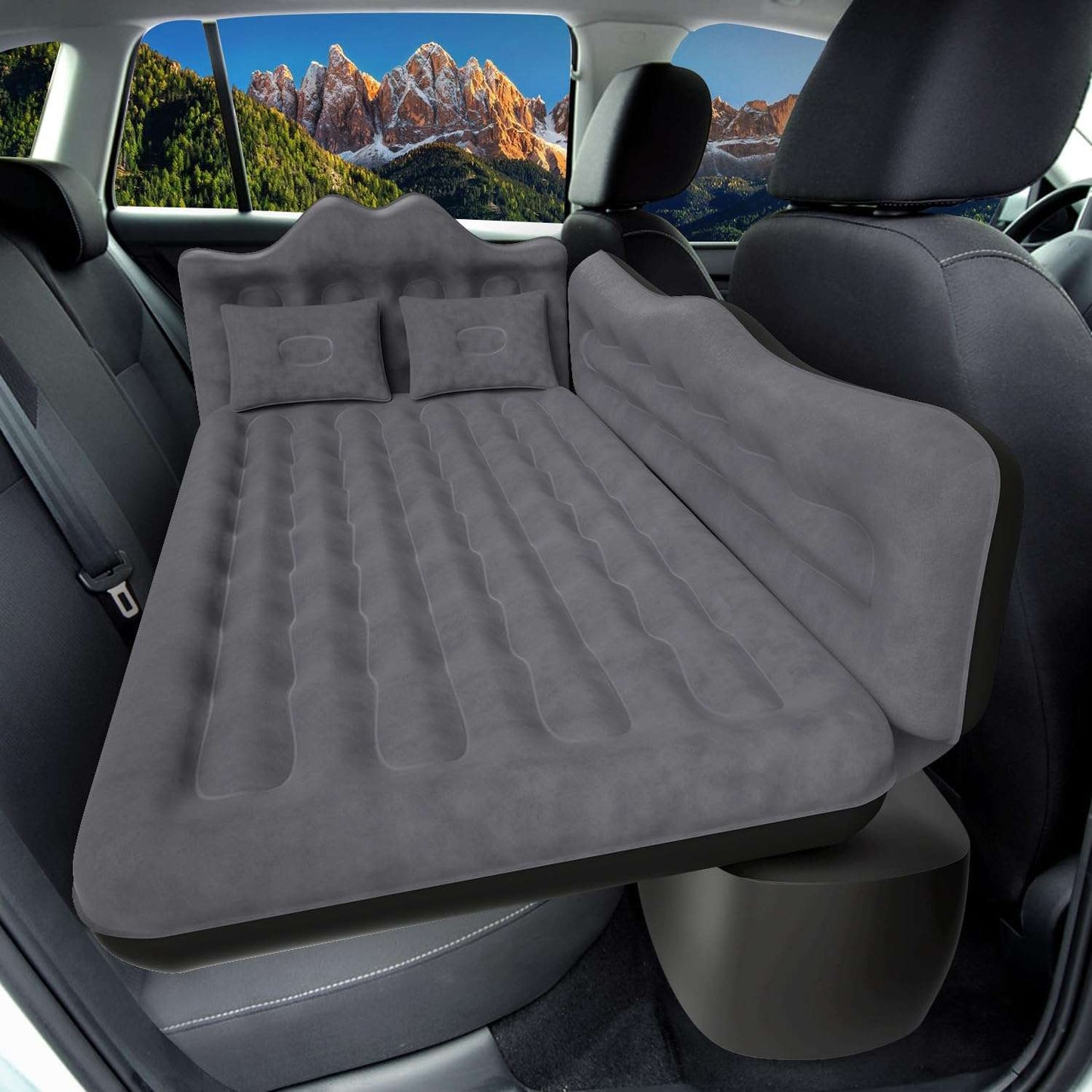 Dikasun Outdoor backseat air mattress in grey with 2 pillows across SUV rear seats on Tampa Home & Garden Store