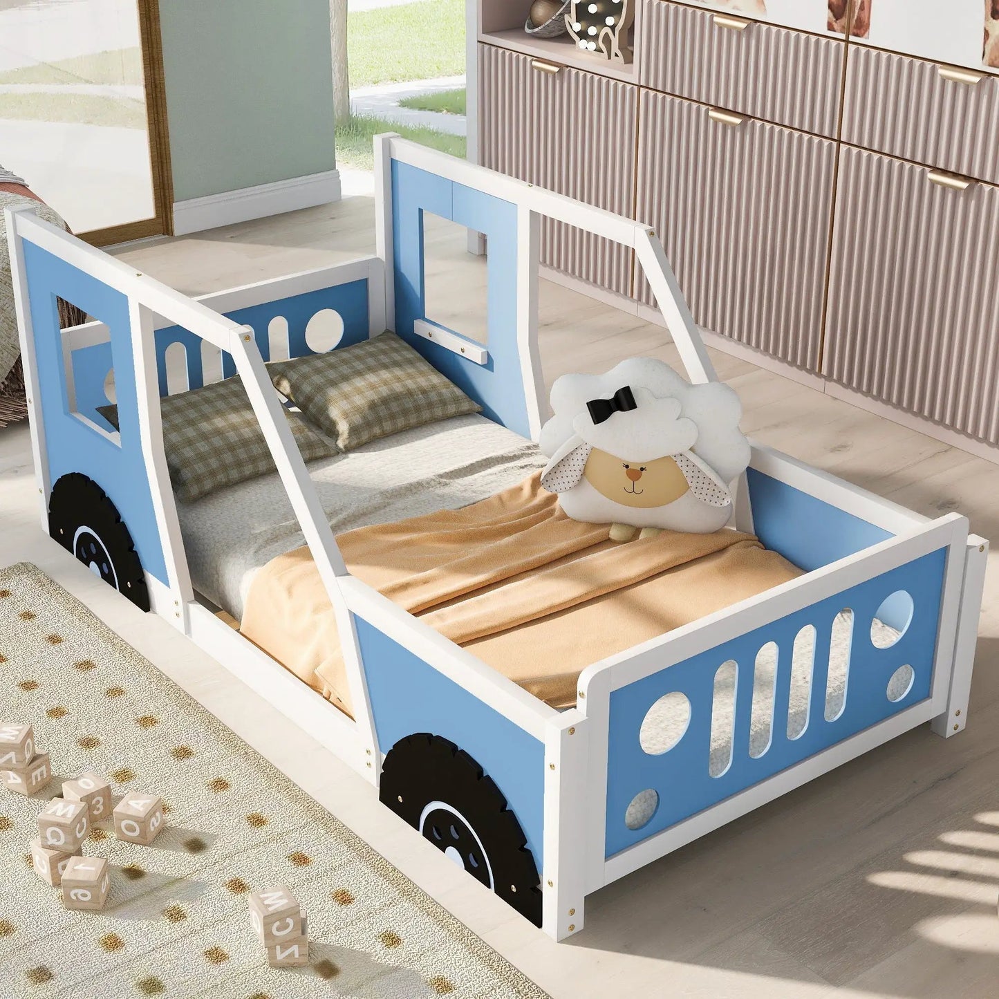 Classic car shaped platform bed with wheels in blue and white by Unique Piece Furniture on Tampa Home & Garden Store